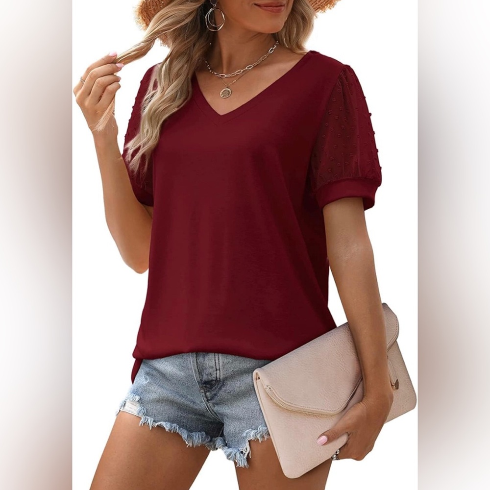 NEW Casual Top V Neck Puff Short Sleeve Tunic Loose Summer Swiss Dot T Shirts